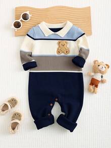 SHEIN 新生男童/女童可爱拼色卡通图案马球领长袖连体衣，秋冬 - 藏蓝色 - 查看 6