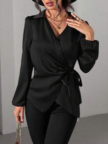 EMERY ROSE Glossy Fabric Western Ins Style Side Tie & Puff Sleeve Versatile Blouse For Women