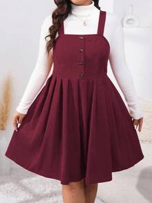 EMERY ROSE Đầm xòe xếp ly màu trơn thiết kế nút đơn giản cho nữ cỡ lớn, mùa thu - Màu Đỏ Sâu - Xem 3