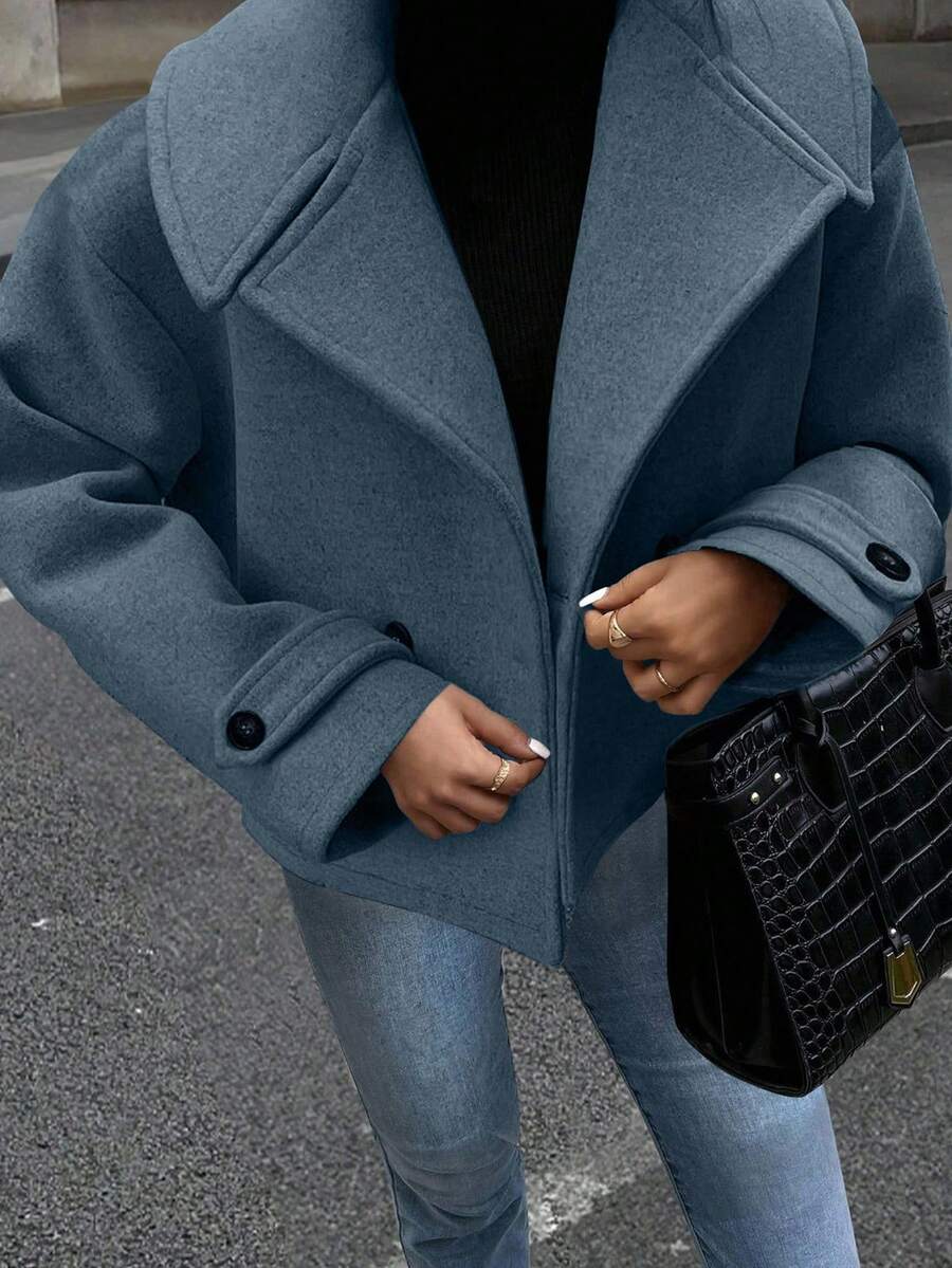 EMERY ROSE Women's Oversized Collar Decorated Button Long Sleeve Overcoat - Teal Blue - View 1