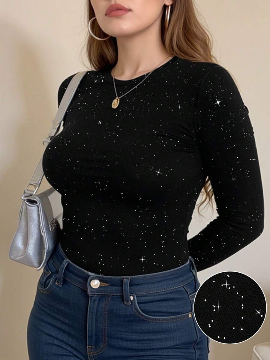 INAWLY 闪亮亮片加大码长袖圆领T恤 - 黑色 - 查看 1