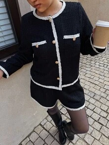 Dripcurv 大码女式秋冬黑色长袖外套和短裤两件套，撞色滚边，优雅都市通勤风格，适合新年穿着。