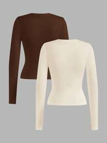 SHEIN EZwear 2 chiếc áo thun dài tay trơn màu đơn giản đa năng cho nữ, phù hợp cho mùa thu/đông - Nhiều màu - Xem 2