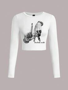 Slaydiva LA Casual Hand Gesture Letter Print Cropped Crew Neck Long Sleeve Fitted Women T-Shirt, Suitable For Spring/Autumn - White - View 2