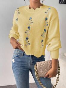 EMERY ROSE Loose Fit Floral Embroidered Sweater With Lace Collar, Autumn/Winter - Yellow - View 7