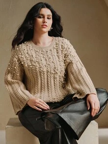 Anewsta Khaki Round Neck Loose Asymmetrical Hem Flared Sleeve Pearl Knit Sweater, Casual Elegant Chic For Fall, Autumn, Winter, New Year