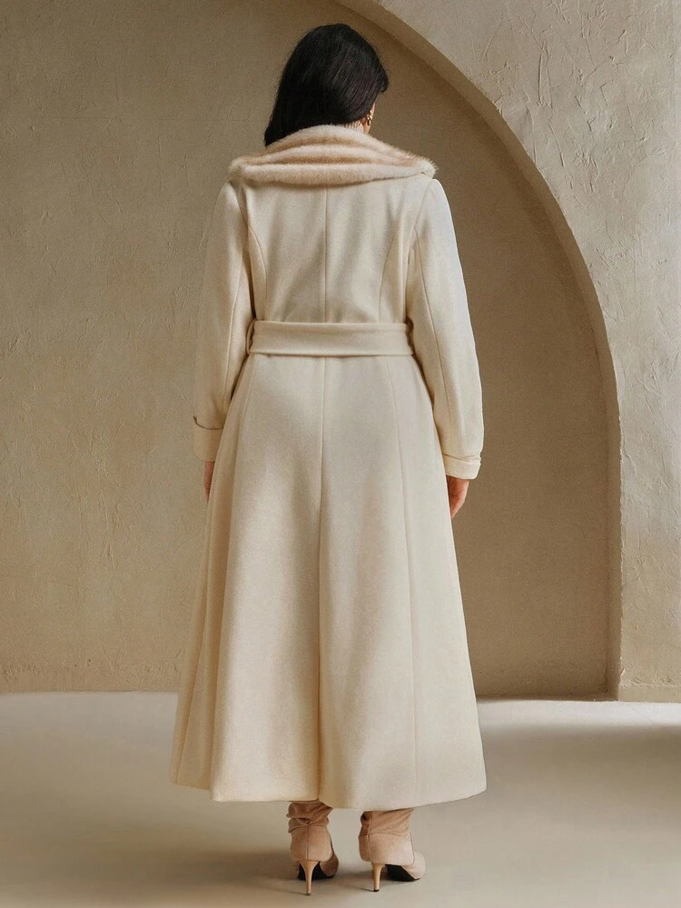 女性用 取り外し可能な猫の首輪付き パッチワーク ロング ウールコート、エレガントな フォーマル アウターウェア 秋、冬、外出、パーティー、シック、新年、クリスマス、仕事、卒業式、結婚式に