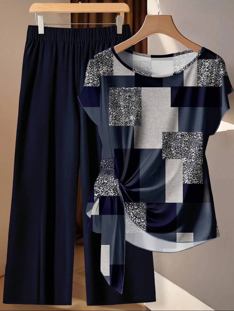 EMERY ROSE Elegante conjunto de 2 piezas con estampado de cuadros texturizados en azul, adecuado para fiestas a principios del otoño en tallas grandes - Multicolor - Ver 1