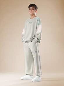 SUMWON Two Piece Ottoman Raglan Sleeve Co-Ord Set With Contrast Panels Casual Wear Fall Winter Everyday Streetwear Collection Ribbed Cuffs And Hem Drawstring Pants - Grey - View 2