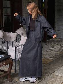 DAZY Women's Denim Jacket With Collar & Waist Cinching, And Long Denim Skirt, Casual Denim Set - Dark Wash - View 5
