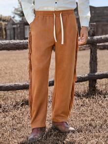 Manfinity Nomadique Quần dài thường ngày nam, quần dài tua rua INS Retro, vải da lộn, thích hợp mặc hàng ngày và dự tiệc, quà tặng thiết yếu cho bản thân hoặc bạn trai/chồng, Y2K, Thu Đông - màu nâu - Xem 4