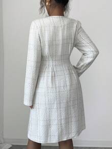 Rafferiza 女士优雅羊毛混纺格子大衣，V 领双排扣夹克，采用厚粗花呢面料 - 彩色 - 查看 2