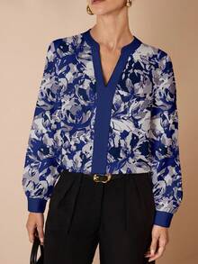 Shutterstock Glamance 女士V领插肩袖印花休闲百搭衬衫，秋季外出优雅时尚服饰系列 - 彩色 - 查看 4