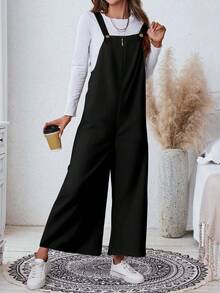 SHEIN LUNE 女士休闲黑色宽松连体裤，带口袋，适合秋季