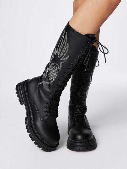 Goth Botas altas para mujer con cordones, de tacón grueso y suela ancha