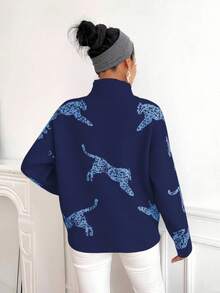 EMERY ROSE Women's Leopard Pattern Loose Fit Dropped Shoulder Long Sleeve Turtleneck Sweater, Casual For Autumn/Winter - Navy Blue - View 2