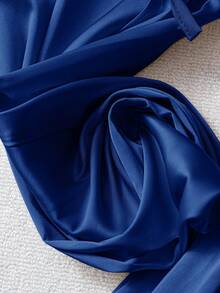 SHEIN LUNE 女士休闲亮面缎面低腰阔腿裤，适合简约休闲和通勤穿搭，春夏缎面裤，女士蓝色休闲裤 - 藍色 - 查看 5