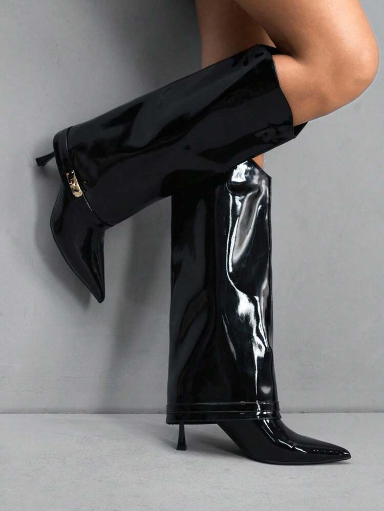 CUCCOO SZL Women's Fashionable Black Pointed Toe Slim High Heel Over-The-Knee Boots