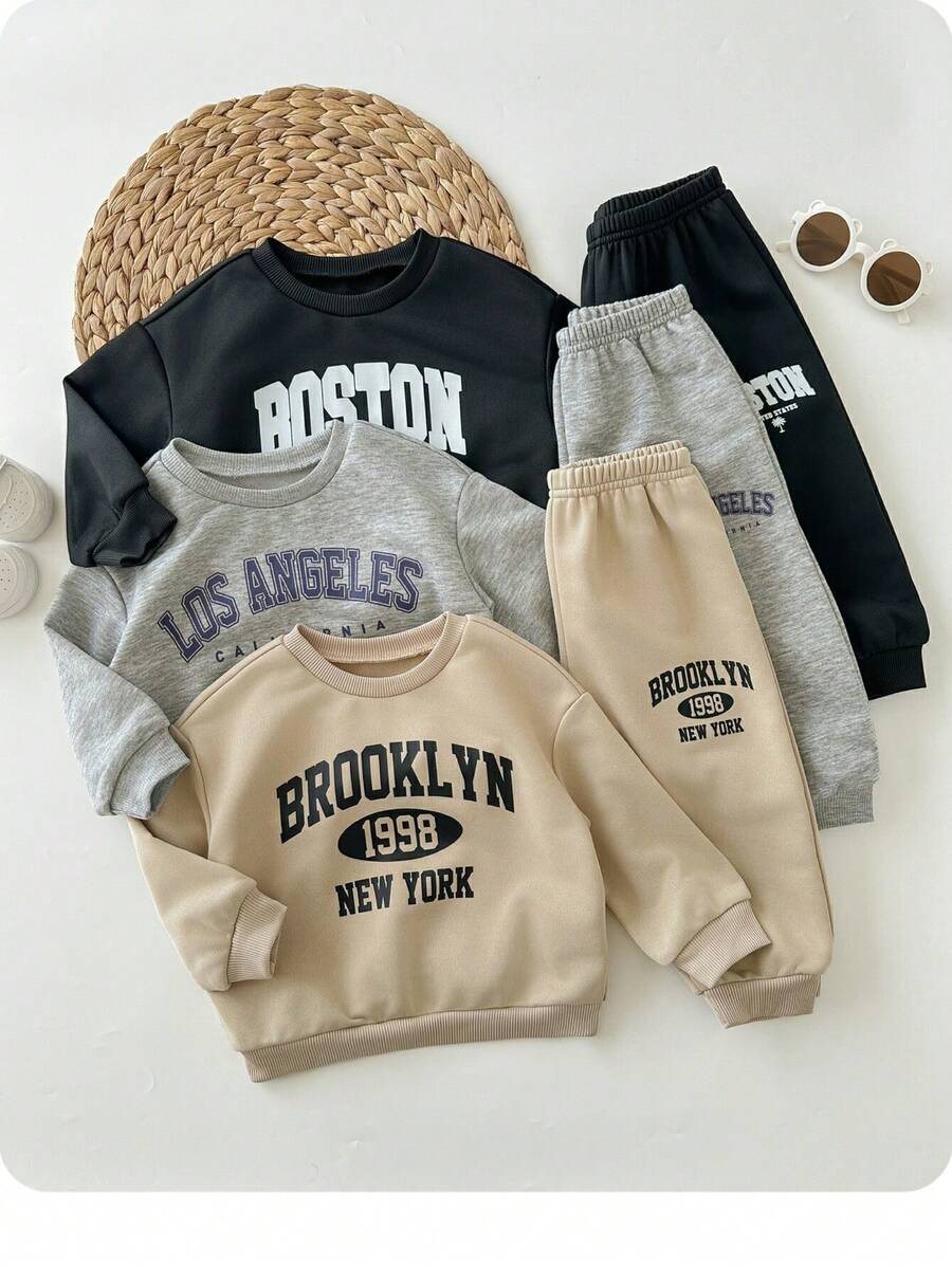 SHEIN 6 Stücke/Set Baby Mädchen süßer Buchstaben-Muster Langarm Sweatshirt & Hose mit elastischem Bund, Herbst/Winter
