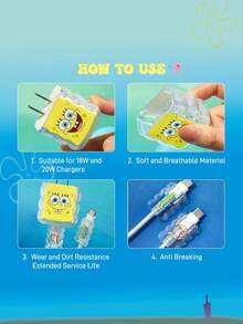 SpongeBob SquarePants | SHEIN Data Cable Protective Cover, Suitable For IPhone Charger, Cartoon Pattern, 3 Pieces Charger Protector (Excluding Data Cable)