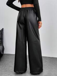 EURMUSE Solid Color, Pu Leather, Elastic Waist, Drawstring, Straight Fit Pants - Black - View 2