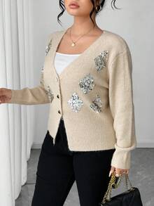 Elenzga Plus Size Fitted Sequin Elegant Sophisticated Cardigan Sweater - Apricot - View 4