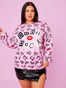 Mean Girls X SHEIN Damen Große Größen Sweatshirt mit Buchstaben- und Roter Lippen Muster, locker geschnitten mit Drop-Shoulder, lässig für Frühling & Herbst, süßer Baddie Y2K 80er Jahre Stil