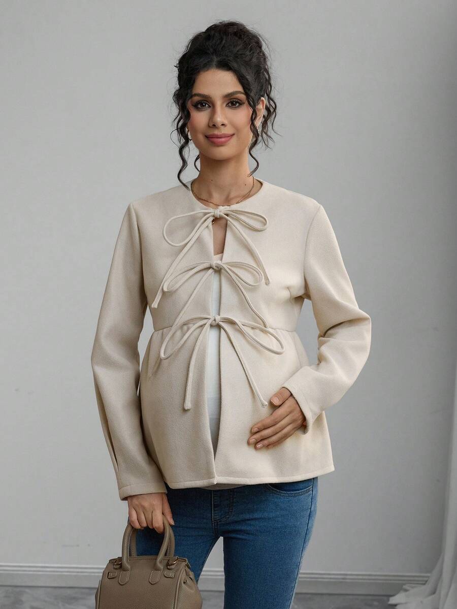 Momance Maternity Regular Jacket, Round Neck Long Sleeve, Front Tie Bow, A-Line Hem Woolen Coat