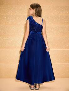 Girls' Sequin One Shoulder Big Bow Long Dress, Suitable For Wedding, Prom, Birthday Party, Back To School, Graduation, Christmas, Halloween Fall Winter - Blue - View 2