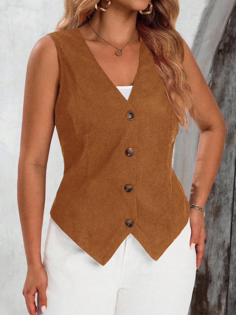 EMERY ROSE Áo khoác blazer không tay màu trơn đơn giản cài nút phía trước cỡ lớn - màu nâu - Xem 1