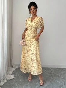 Elenzga Women's Elegant French Style Vacation Loose V-Neck Drop Shoulder Ruched A-Line Maxi Dress, Suitable For Beach, Afternoon Tea, Party - Yellow - View 6