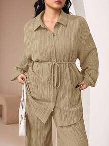 Veilorie Bộ 2 món áo sơ mi và quần dài tay cài nút phía trước cỡ lớn đơn giản - Màu Khaki - Xem 5