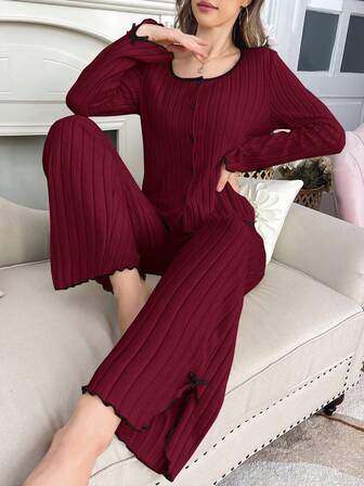 Women's Casual Fleece Long Sleeve Top And Pants Pajama Set, Autumn/Winter Women Two Pieces Sleepwear Burgundy Pajama Set Ribbed Pajama Set Women Lounge Wear Sets Two Pieces Pajama Set Two Pieces Sleepwear Set Sleep Wear Women 2 Pieces Set Pajamas Set Two Pieces, Cozy Outfit, Fall Clothes