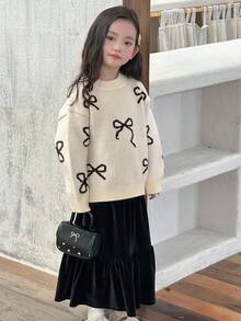 DAZY 女童圆领蝴蝶印花毛衣，秋装 - 米色 - 查看 4