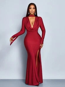 SOLERSUN Women's Elegant Modern Front Deep Cowl Neck Long Sleeve Cropped Tight High Slit Mermaid Maxi Dress Fall Cloth For Women - Red - View 6