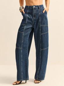 Daynim Women's Casual Vacation Barrel Leg Jeans Women's Going Out Jeans Women's Casual Jeans - Dark Wash - View 3