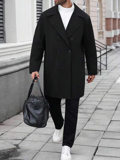 Manfinity CasualCool Plus Size Men's Solid Color Lapel Neck Long Sleeve Double-Breasted Casual Loose Trench Coat, Autumn, Fall