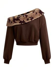 Shutterstock Y2Kool Women's Leopard Spot Print Faux Fur Oblique Shoulder Loose Long Sleeve Hoodie, Sexy Street Style Back To School, Autumn/Winter Y2K Party Coffee Brown Top Chocolate Brown Top Brown Top Women Stylish Collection New Year Off Shoulder Top Dark Brown Top - Brown - View 8