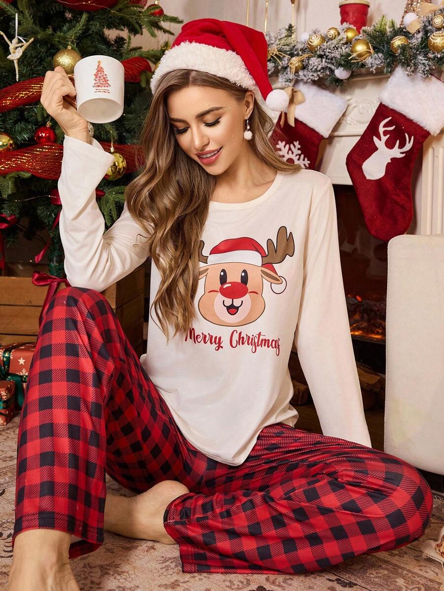 CoupledUp 2 件圣诞驯鹿印花长袖红格子睡衣套装，女士舒适优雅细节，秋季服装 - 彩色 - 查看 1