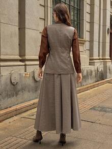 DAZY 2件套女士千鸟格无袖夹克和A字裙休闲套装，秋冬 - 棕色 - 查看 2