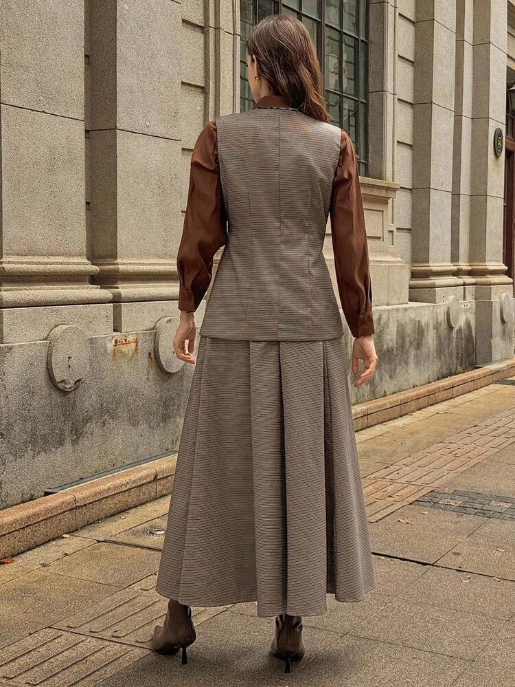 2pcs/Set Women Houndstooth Sleeveless Jacket & A-Line Skirt Casual Suit, Autumn/Winter