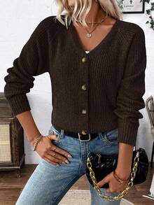 EMERY ROSE Versatile V-Neck Cardigan Sweater, Loose Casual Minimalist Open Front Knit Jacket For Women - Coffee Brown - View 1