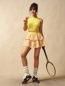 VARSITIE Summer Casual Plaid Contrast Waistband Sports Yellow Skirt Shorts