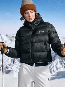 In My Nature Women's Letter Print Long Sleeve Zip-Up Hooded Sports Jacket, Winter - Black - View 1