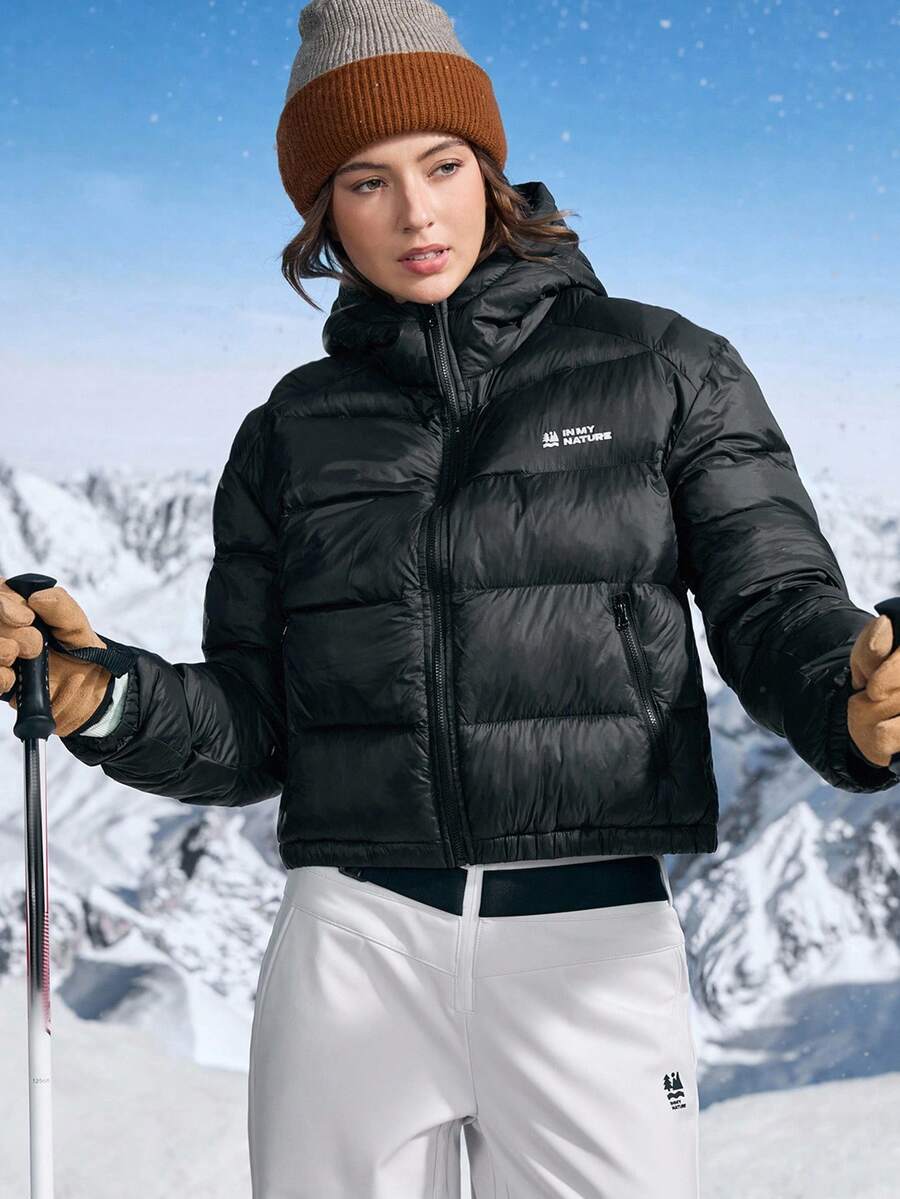 In My Nature Women's Letter Print Long Sleeve Zip-Up Hooded Sports Jacket, Winter - Black - View 1