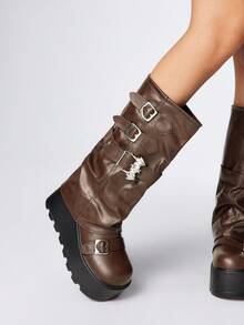 ROMWE Grunge Punk Bốt cao đến bắp chân, đế dày, mũi tròn màu nâu, phong cách Punk, thiết kế khóa cài hình dơi, thời trang ngoài trời, mùa Halloween, thu/đông 2025 - màu nâu - Xem 3