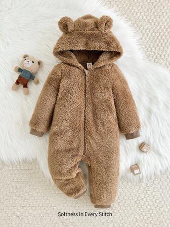 Cozy Pixies Baby Boy Hooded Thickened Jumpsuit With 3D Ear Design Baby Teddy Bear Outfit Toddler 2 Piece Winter Fur Clothing Baby Winter Clothing Newborn Girl Jacket Jumpsuit Fall Baby Coat Jumpsuit