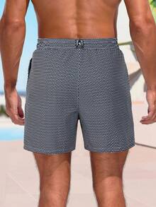 Manfinity Men's Letter & Geometric Print Drawstring Waist Loose Beach Shorts,Hawaiian, Geometric Swim Trunks, Black And White Swim Trunks, Drawstring Swim Trunks, Men's Beachwear - Black and White - View 2