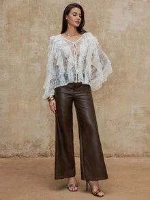 SHEIN Privé Blusa de moda sexy con parche de encaje, volantes y abotonadura sencilla para mujer - Albaricoque - Ver 3