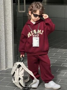 DAZY 儿童秋季服装 男童抓绒卫衣套装，休闲宽松字母印花街头风，秋季 - 酒紅色 - 查看 2
